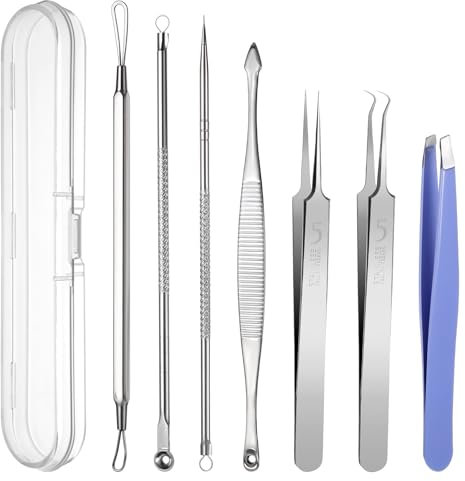 Wanmu 7 Stück Mitesserentferner Komedonenquetscher Set, Edelstahl Akne-Entferner Blackhead Remover, Pickel Ausdrücken Werkzeug mit Box für alle Hauttypen, Whiteheads, Mitesser