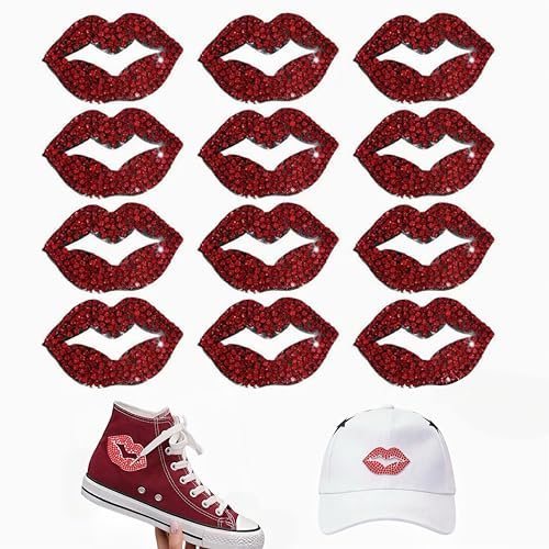 12Pcs Red Lip Rhinestone Iron On Patches, Lips Applique for Clothing | Hotfix rhinestones for clothing, easy iron-on transfer or sew-on appliques for T-shirts, jackets, jeans, bags & hats