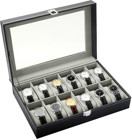 OulQinyhome Caja de Relojes 12 Compartimentos con tapa de acrílico de Cristal Estuche de Relojes en PU Cuero con Cojines Extraíbles Regalo Unisex para Cumpleaños y Acción de Gracias