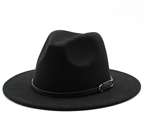 OHEETU Sombrero Fedora clásico unisex de ala ancha de fieltro Panamá Jazz con hebilla de cinturón ajustable (56-58 cm)