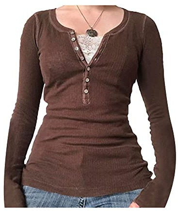 Women Fairy Grunge Wrap V-Neck Tops Solid Color Y2k Long Sleeve Slim Fit Top Aesthetic Shirts Streewear (B-Brown, M)