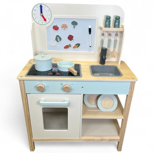 Jumini Wooden Play Kitchen for Kids Ages 3–6 | FSC Certified Toy Kitchen with Lights & Cooking Sounds | Pots, Pans, Utensils & Magnetic Veggies | Pretend Play Cooking Set for Toddlers & Preschoolers