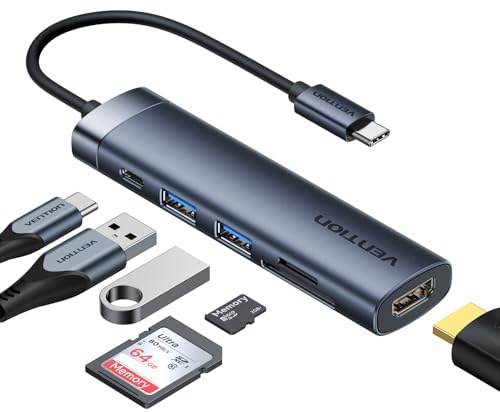 VENTION Hub USB C PD 100W, 6 in 1 Docking Station, HDMI 4K@30HZ, Porte di Trasferimento Dati USB A 3.0, Lettore di Schede SD/Micro SD, Compatibile per MacBook Pro, Air/Dell/Lenovo/HP