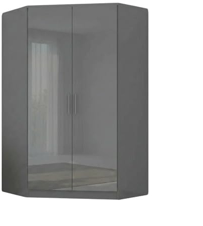 GLAMORA High Gloss Corner Wardrobe with 2 Hanging Rails and 10 Shelves, MDF 2 Door Wardrobe for Bedroom with Spacious Storage, Modern Space Saving Design (Grey)