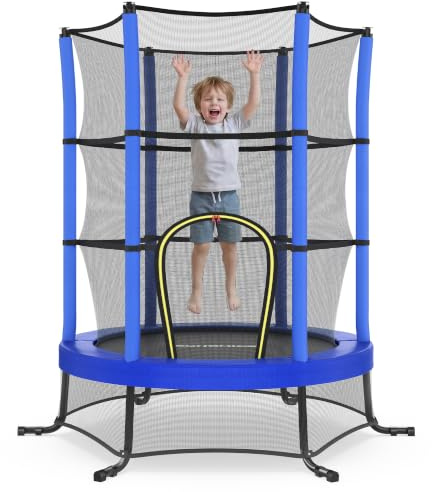 SONGMICS Cama Elástica Infantil, 174 cm de Diámetro, con Redes de Seguridad, Almohadillas de Seguridad, Mini Cama de Fitness, Marco de Acero, Uso Interiores, Exteriores y Jardín, Azul STR050Q101