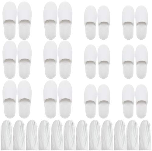 Bizarre.ly Chaussons Invités Blancs (12 Paires) avec Sacs à Cordon - Chausson Spa Fermé Lavables et Réutilisables - Deux Tailles S,L Homme / Femme - Pour Salle de Bains, Maison, Voyage, Mariage, Hôtel