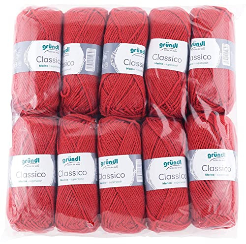 Gründl Wolle Classico - Dicke Wolle zum Stricken und Häkeln - Strickgarn - Weich und hautfreundlich - 50 % Merinowolle, 50 % Polyacryl - 10 Knäuel 50 g / 120 m - Nadelstärke 3,5 - 4,5 - rot
