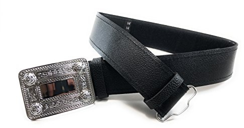Black Leather Plain Scottish Highland Kilt Belt With Celtic Design Chrome Buckle