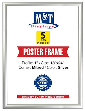 M&T Displays Picture Frame 18x24 Inch, Front Loading Diploma Frame, 1 Aluminum Profile Size - 5 Pack (Silver)