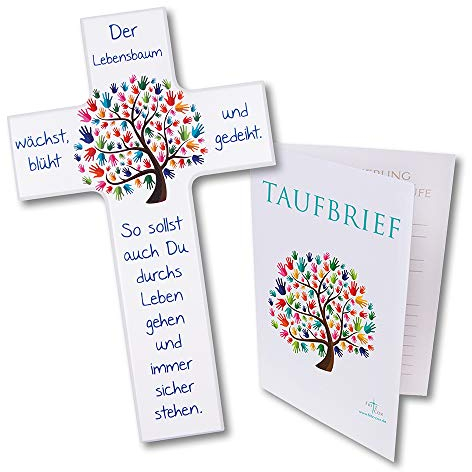 Fritz Cox Kinder-Set: Kinderkreuz mit Taufbrief Lebensbaum Taufe (weiß, 15cm)