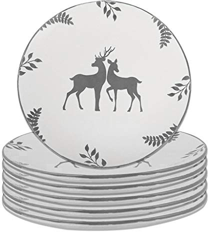 Dibor Set of 6 Grey & White Reindeer Dishwasher & Microwave Safe Stoneware Plates