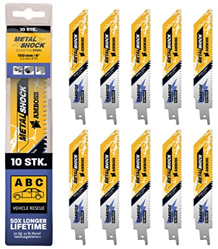 AMBOSS METAL SHOCK - 10x Säbelsägeblatt Länge 150 mm / 8 ZpZ - ideal für Abriss/Fahrzeugrettung/Aufbau/Demontage/Rohrleitungsbau - geeignet für Stahl (Rohre/Profile/Träger) sowie Gussrohre