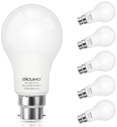 DiCUNO B22 LED Lampe 9W, ersetzt für 60W Glühlampe, 2700K Warmweiß, 806LM, A60 LED Leuchtmittel in Kolbenform für Hängeleuchte, Stehlampe, klassisches Schraubgewinde B22, 230V, nicht Dimmbar, 6er Pack