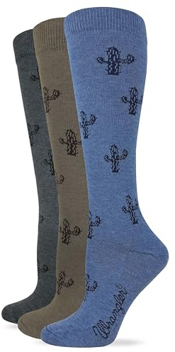 Wrangler Ladies Cotton Blend Cactus Pattern Knee High Boot Socks 3 Pair Pack (Assorted)