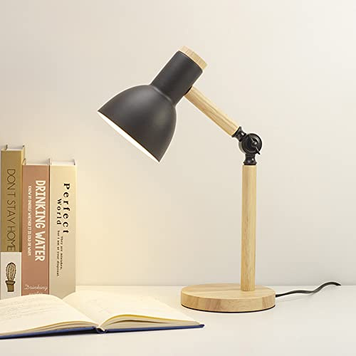 Mengjay Classic skrivbordslampa LED-läslampa i klassiskt trä, E27 vintage bordslampa justerbar arbetslampa, för kontorslampa, sänglampa för sovrum, vardagsrum (Svart)