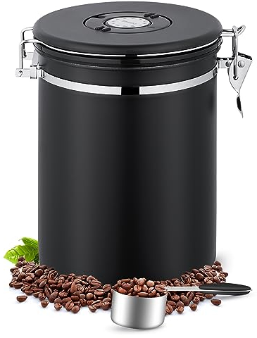 BEZORR 2800ML Airtight Coffee Canister, Coffee Container Airtight with Date Tracker, CO2 Valve and Measure Spoon, Airtight Coffee Bean Container for Roasted Coffee Beans, Tea, Powders Black