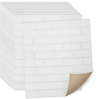 Herrselsam Carta da parati autoadesiva, 10 pezzi, pannelli da parete 3D, autoadesiva, in mattoni, impermeabile, effetto pietra, 5 mm, adatta per cucina, soggiorno, 77 x 70 cm, colore bianco