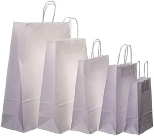 Hot Bargains 250 X Small Size Paper Bag with Handle White Colour SOS Takeaway Round Handle Paper Carrier Bags for Shopping, Gift Bag (250 x White (S) 19 x 8 x 25 cm)