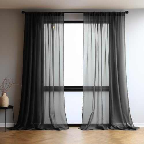 NAKIHOUSE Voile Curtains 96 Drop Pairs Black Net Curtains for Windows | Light Filtering Voile Panel Slot Top Sheer Curtain for Living Room Bedroom /Nursery Room W52xL96 Inch (132x244cm)