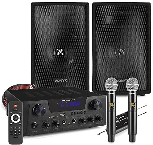 Fenton AV430B Home Karaoke System with Dual Wireless Microphones, Vonyx SL6 6 Passive DJ Speakers, Bluetooth Amplifier, Complete Party Audio Bundle, Adults Karaoke Machine Kit