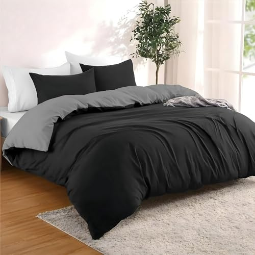 Dreamzie - Bettwäsche Set 200x200 cm mit 2 Kissenbezügen 80x80 cm Schwarz/Dunkelgrau - 1 Bettbezug 200x200 aus 100% Mikrofaser - Zertifiziert ohne Chemikalien (Oeko TEX)