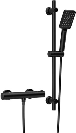 Görbach Brausestange Set mit Handbrause, Schlauch und Halterung, Verstellbar Duschset passend für vorhandene Bohrlöcher, Edelstahl Duschstange 70 cm mit Thermostatarmatur, Schwarz