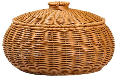 Cesto in rattan con coperchio intorno alla grande capacità in tessuto lavatrice rattan, cestino pastorale multiuso in rattan, coperchio con tè all'uovo, snack frutta cosmetici
