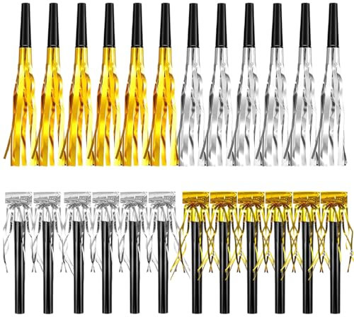 PPGGOPP Gold und Silber Tröten für Kinder - 24 Stück Zweifarbige Partytröten für Kindergeburtstag, Luftrüssel, Geräuschmacher und Krachmacher