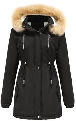 Petalum Women Faux Fur Hooded Jacket Parka Coat Warm Fleece Lined Winter Coat Padded Winter Heavy Coat Outerwear Black,L