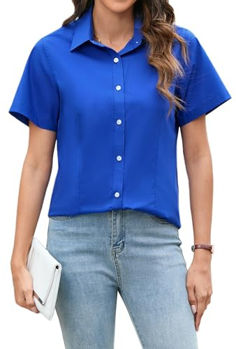 Stamain Chemise Femme Manches Courtes pour Le Travai Bleu Roi élégant Blouse Femme Décontracté Hauts avec Boutons, XL