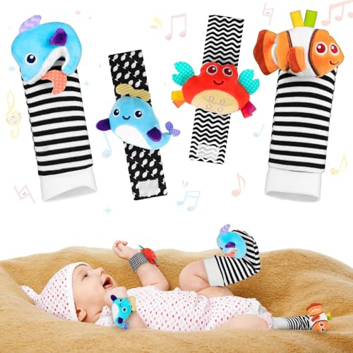 Baby Sensory Toys 0-6 Months：Baby Wrist and Ankle Rattles Foot Finder Rattle Sock Wrist Rattle,Baby Essentials for Newborn Infant Toy Socks 0 3 6 9 12 Months Grils Boys Baby Gift