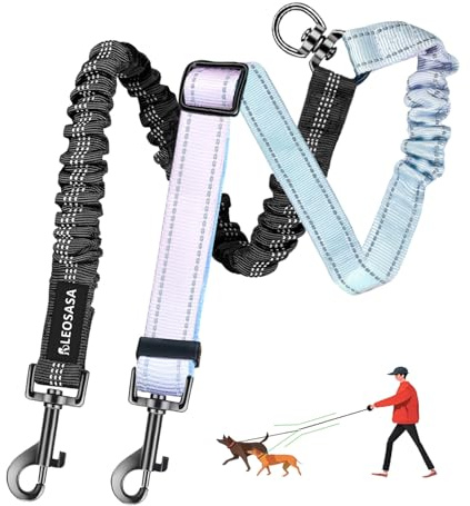 LEOSASA Double Dog Leash for Two Dogs - Gradient Color No Tangle Swivel Dog Coupler with Heavy Duty Clip, Size Adjustable Bungee Leash Attachment for Small, Medium, Large 2 Dogs, Style 1