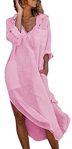 Generisch Robe d'été pour femme - Couleur unie - Avec boutonnière - Chemise décontractée et respirante - En coton et lin - Longue chemise