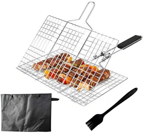 Fish Grilling Basket, Foldable Stainless Steel BBQ Grill Basket, Portable BBQ Grill Mesh Clamp with Removable Handle, Fish, Steak, Shrimp, Vegetables, Come with Basting Brush and Storage Bag