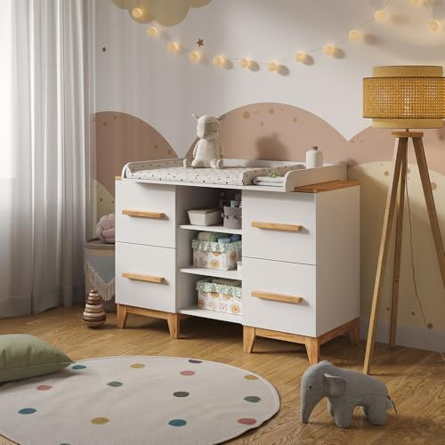 VitaliSpa Table à Langer Malia, Blanc/Artisan, 133x98cm XL avec 4 tiroirs, avec Plan à Langer Amovible pour Une Utilisation comme Commode