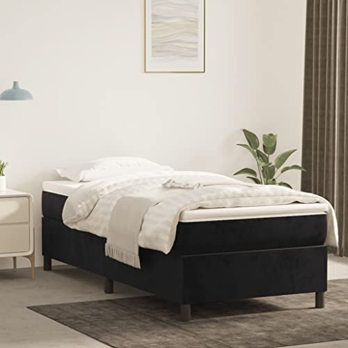 Runheo resårsängram, svart, 90 x 190 cm sammet, robust plattformssäng med plywoodpinnar, sovrumsmöbler, modern design för komfort