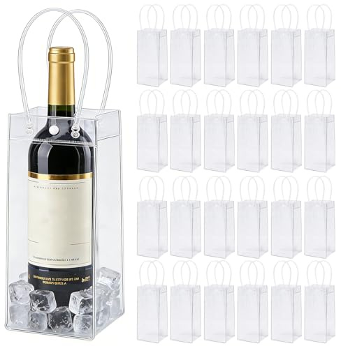 24 stycken flaskkylare ispåsar kylväska: 25 x 10 x 10 cm PVC ispåse flaskkylare, transparent champagnekylare, läckagesäker iväska med handtag för kallt öl, vin, drycker, fest, utomhus