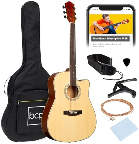 Best Choice Products 41in Beginner Acoustic Guitar Full Size All Wood Cutaway Guitar Starter Set w/Case, Strap, Capo, Strings, Picks - Natural