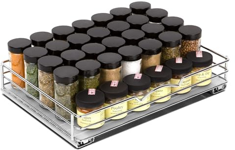 Pull-Out Cabinet Spice Rack Organizer - Slim Slide-Out Storage for Spices, Bottles & Jars, Premium Heavy-Duty Steel, Easy Install for Narrow Kitchen Cabinets - 14 ⅜ W x 10 ⅜ D x 2 ¾ H, Chrome