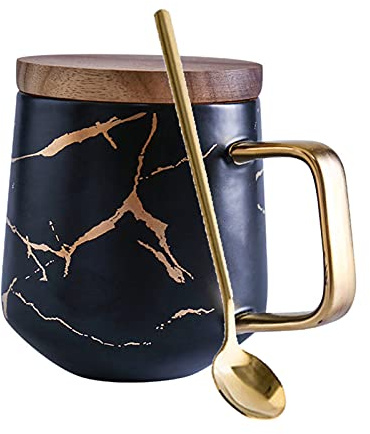Marbled Matt Gold Pattern Ceramic Coffee Cups Set, Nordic Bohemia Style Cappuccino Cups Tea Cups Mug Cups with Spoon, Wooden Disc or Wooden Lid, Birthday, Valentine's Day Gift (Black, 360 ML)