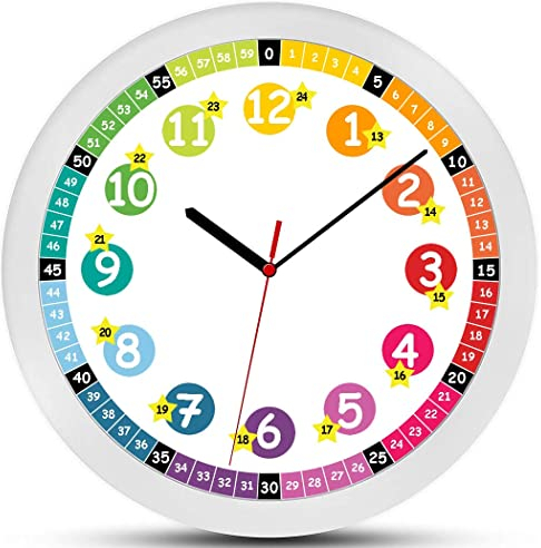 K&L Wall Art Lautlose Kinder Wanduhr Regenbogen Lernuhr für Mädchen und Jungen Kinderwanduhr 30cm Durchmesser