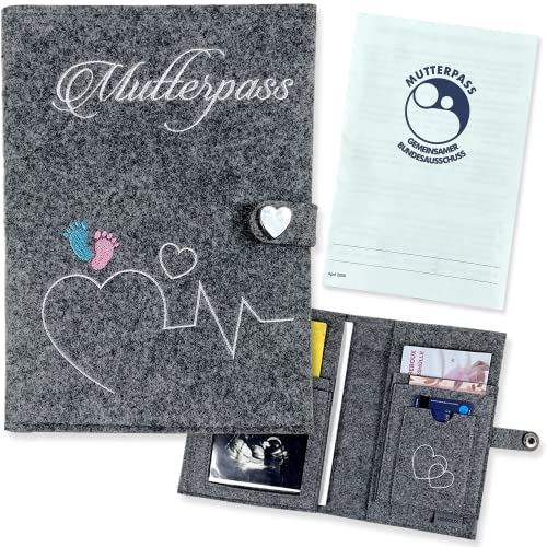 Reboux Mutterpasshülle aus Handgefertigtem Filz für den Deutschen Mutterpass - Fächer für Impfpass & Ultraschallbilder – Hülle für Mutterpass - Geschenk für Schwangere (Grau)