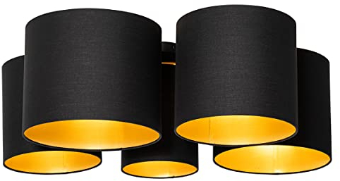 Qazqa - Modern Deckenleuchte I Deckenlampe I Lampe I Leuchte schwarz mit Gold I Messingener Innenseite 5-flammig - MultiDrum mit Schirm I Wohnzimmer I Schlafzimmer - Textil Rund - LED geeignet E27