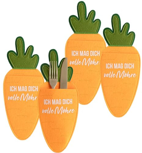 Papierdrachen Bestecktaschen aus Filz in Karottenform – Set mit 4 Stück, 11,5 x 29 cm – Robust & Pflegeleicht – Fröhliches Design für Tischdeko – Perfekt für Ostern & Herbstfest