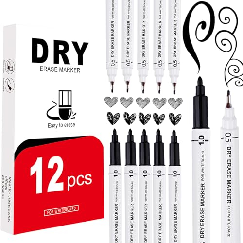 EFNHJF5 12 Stück Whiteboard Marker,Whiteboard Marker Dünn 0.5-1.0 mm,Dual-Tip-whiteboard Stifte Schwarz,Dry Erase Marker,Folienstift abwischbar für Schule, Büro und Zuhause