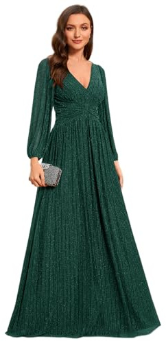 Ever-Pretty Women's Glitter A Line V Neck Pleated Long Sleeve Evening Dress Dark Green 16UK