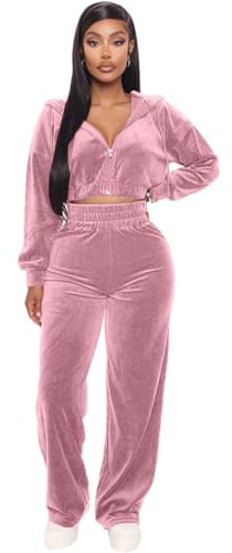 aromm Mujer Terciopelo Dos Piezas Chándal Sudadera con Cremallera Crop Top Pierna Ancha Pantalones Deportivos Rosa,L