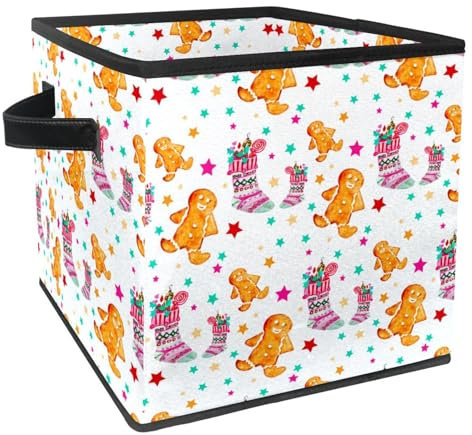 VAPOKF Scatola portaoggetti pieghevole, in tessuto, a forma di cubo, organizer con manici, per giocattoli, vestiti, libri, armadio, camera da letto, casa, motivo pan di zenzero natalizio