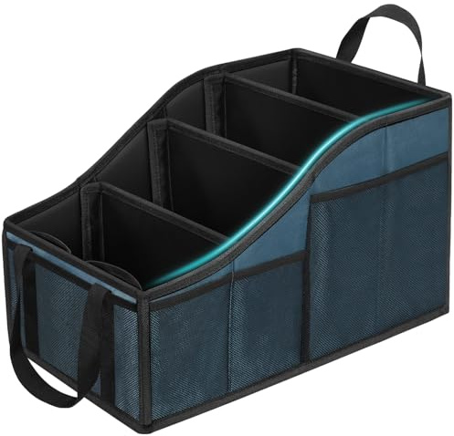 YOHOOLYO Organizer per auto per bambini, sedile posteriore con 4 scomparti e 4 portabevande pieghevole, sedile posteriore del passeggero, per snack, giocattoli, libri, blu