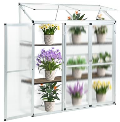 Euboer Aluminium Anlehngewächshaus Beistell Tomatengewächshaus klein Gewächshaus Dreitürig Treibhaus 190x52x182 cm Silber